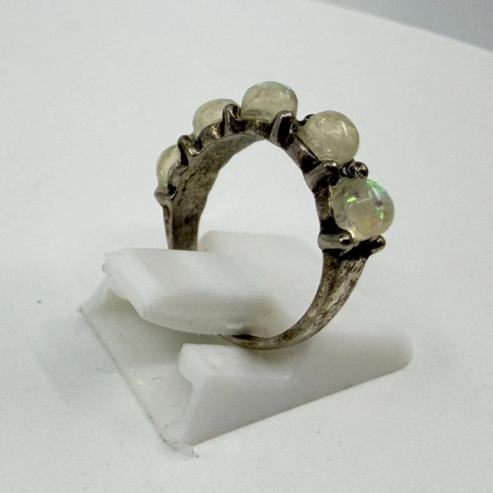 Y2K Silver Tone Opal Stone Iridescent Ring Celestial Boho Statement Gift Unique
